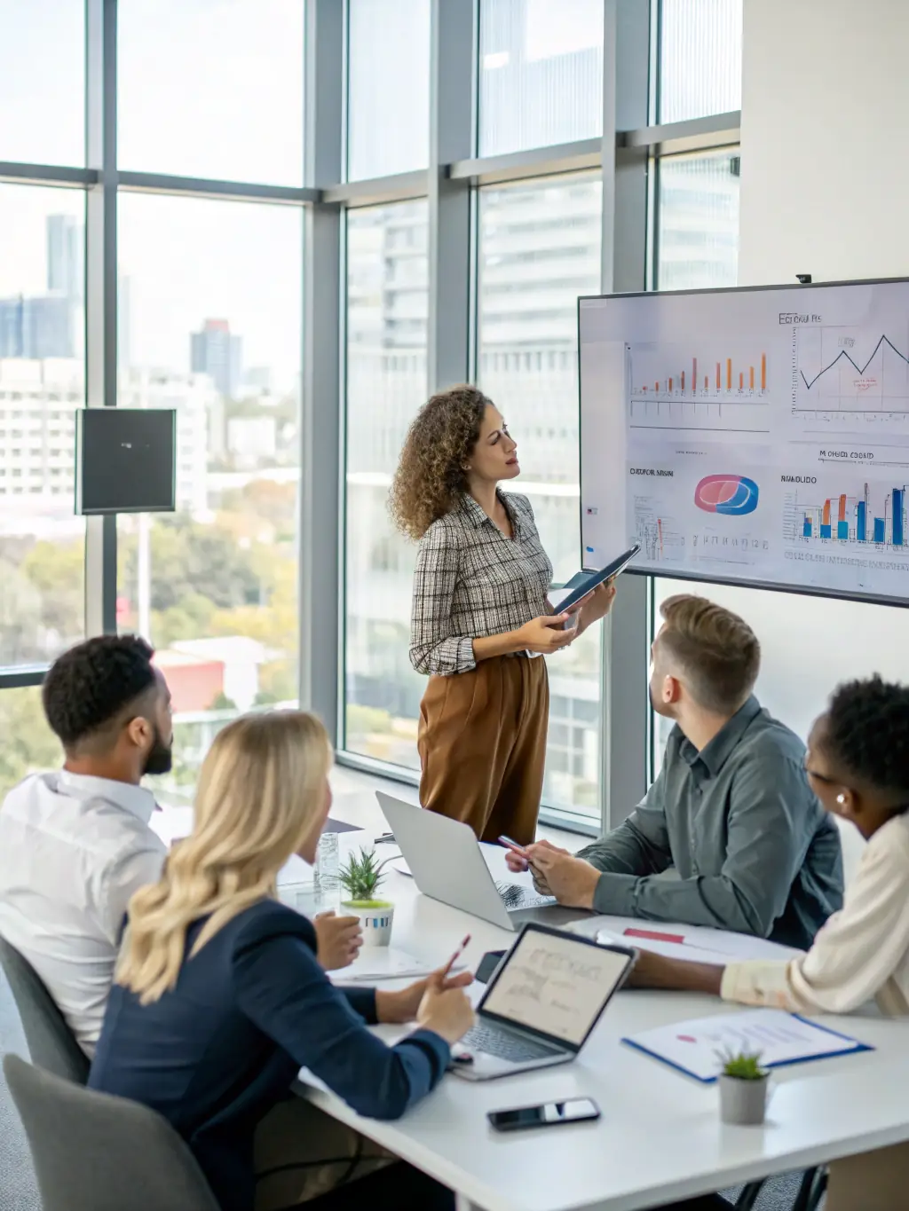 A professional photo of a consultant leading a strategic planning session with a diverse team in a modern office setting, emphasizing collaboration and forward-thinking.
