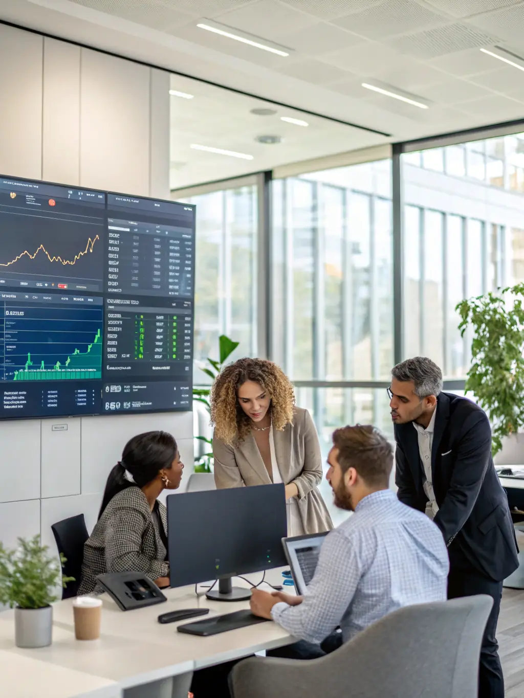 A diverse team collaborating on a digital dashboard displaying key performance indicators (KPIs) and real-time data analytics, highlighting data-driven decision-making.